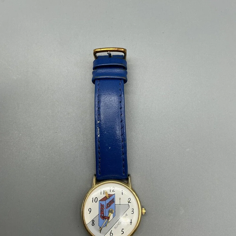 Vintage School Time Womens Watch 28mm Gold Tone Blue Leather Teacher New Battery